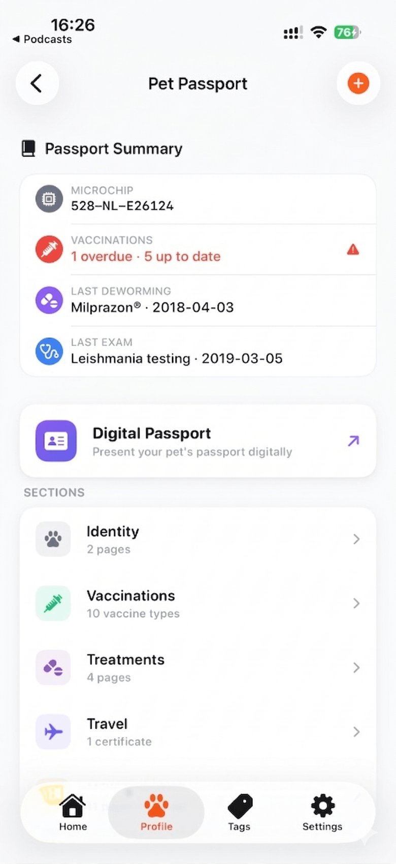 Echo Digital Pet Passport with vaccination history