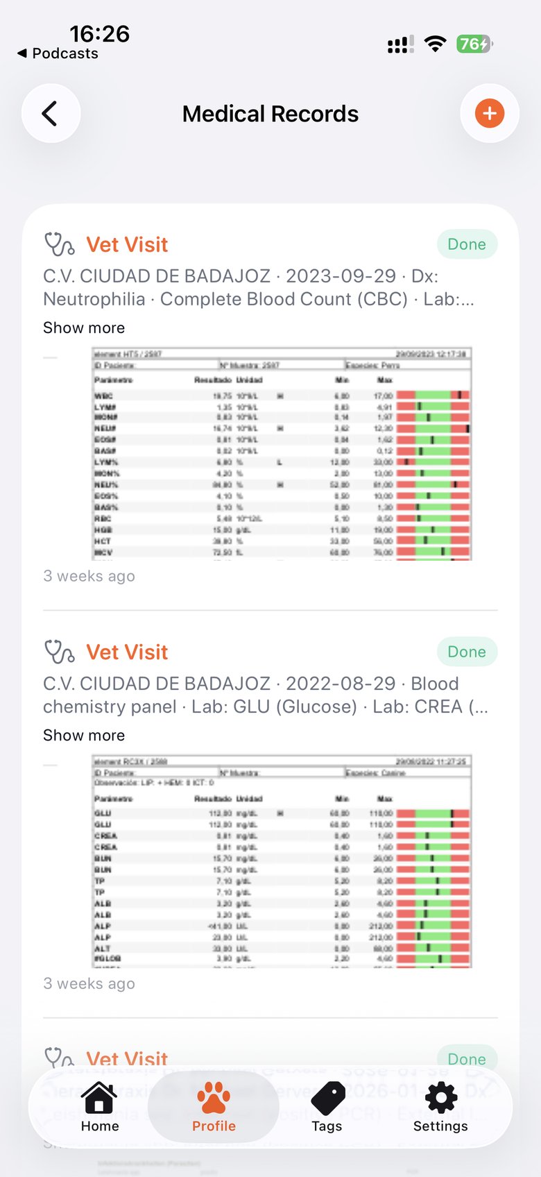 Echo medical records showing lab results