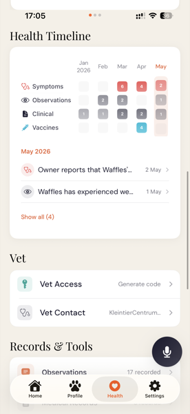 Echo health timeline with activity heatmap and vet section