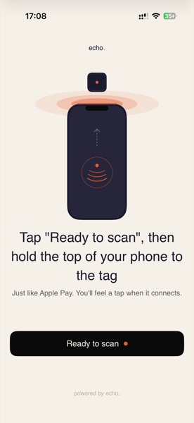 Echo NFC tag linking screen — tap to connect your tag