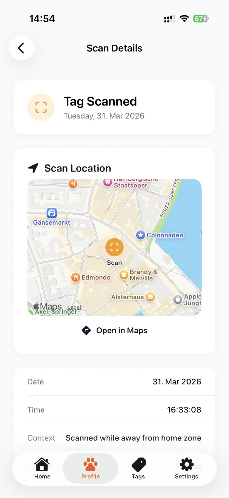 Echo location map showing scanner GPS position