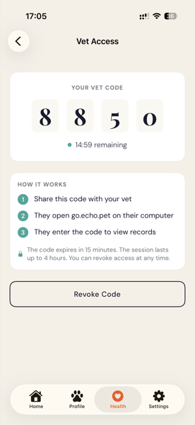 Echo vet access via 4-digit code — no login required