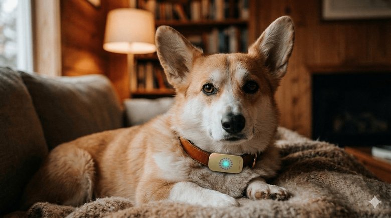 Corgi wearing Echo NFC collar tag