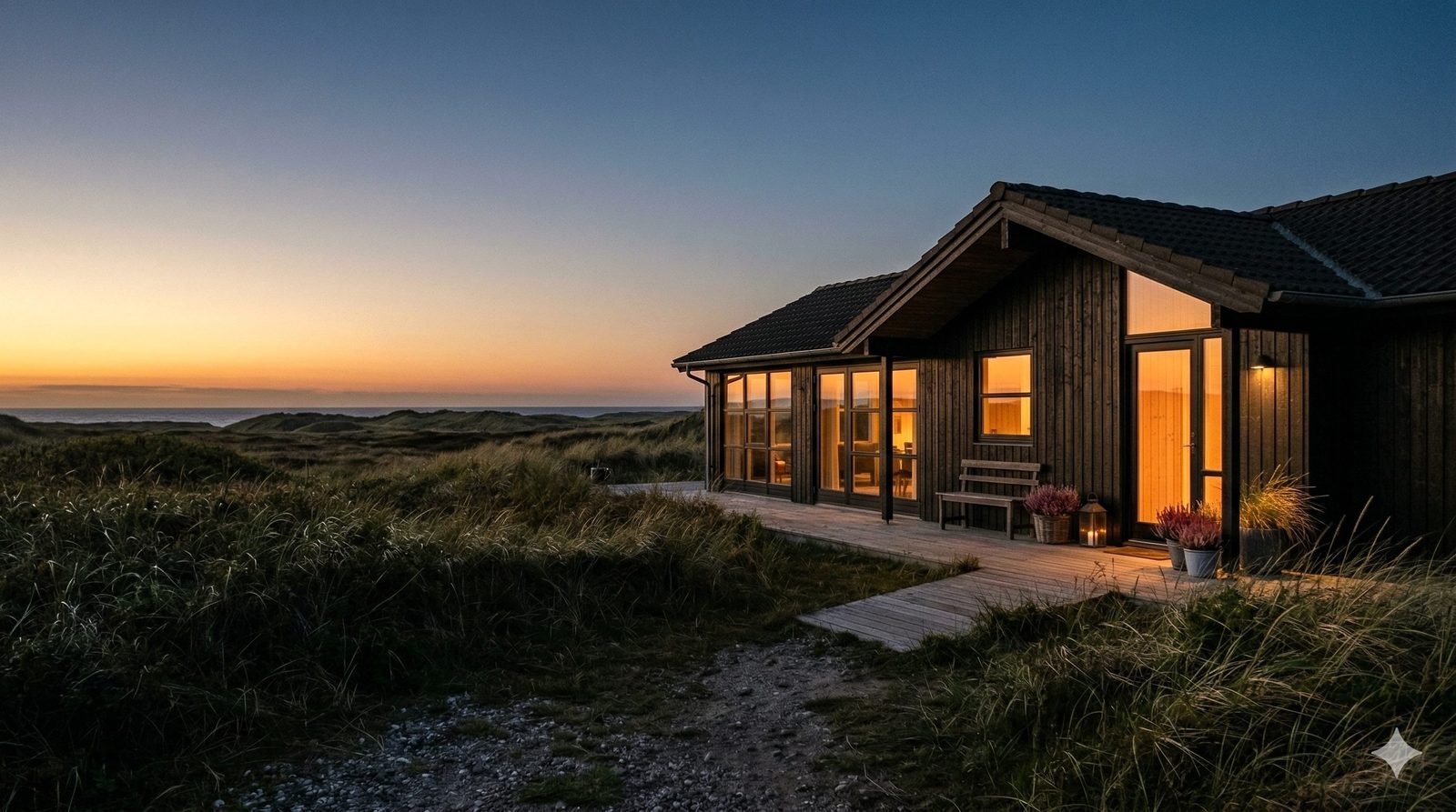The rented beach house in the Danish dunes at dusk