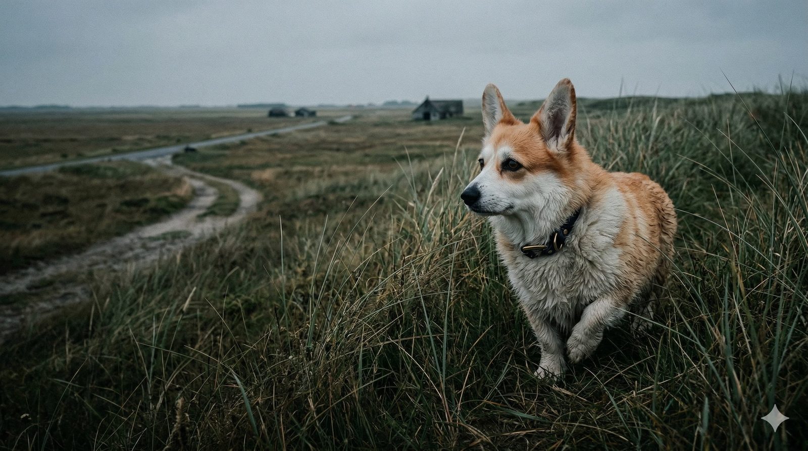 Waffles, a Pembroke Welsh Corgi, in the dunes of the Danish coast